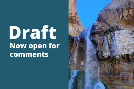 The words "Draft now open for comments" next to red rocks with a waterfall